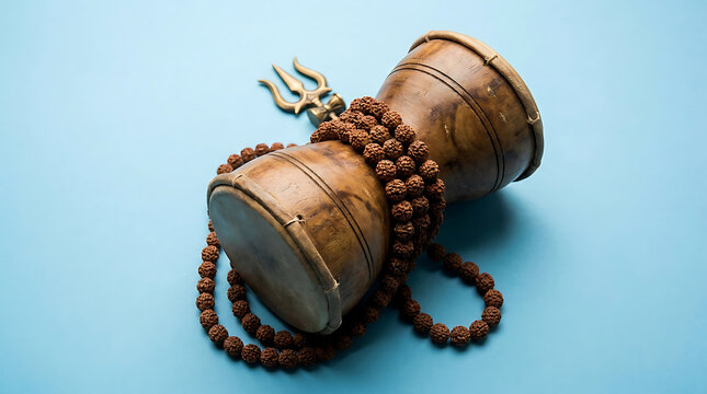 Damaru drum with rudraksha beads and trishula symbol