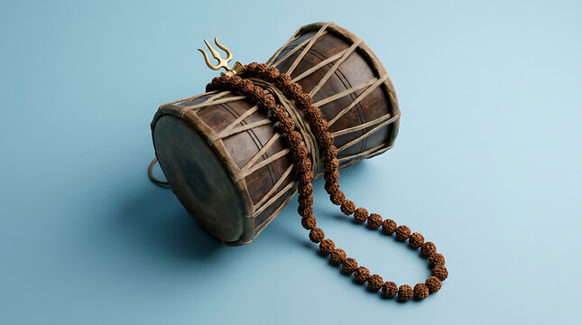 Damaru drum with rudraksha mala and trishula symbol