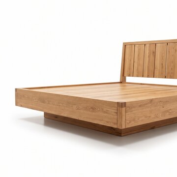 Modern wooden bed frame featuring a minimalist aesthetic with natural oak timber grain, sturdy horizontal headboard panels, sleek craftsmanship, contemporary bedroom furniture design isolated on a cle