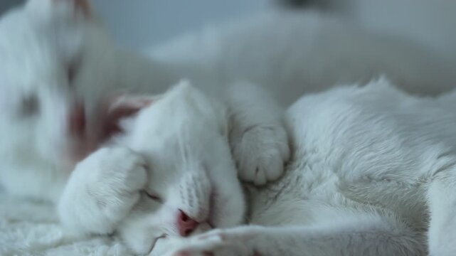 Cat dream relax, cute kitten on white