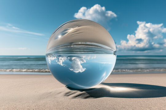 Transparent crystal ball on a sandy beach