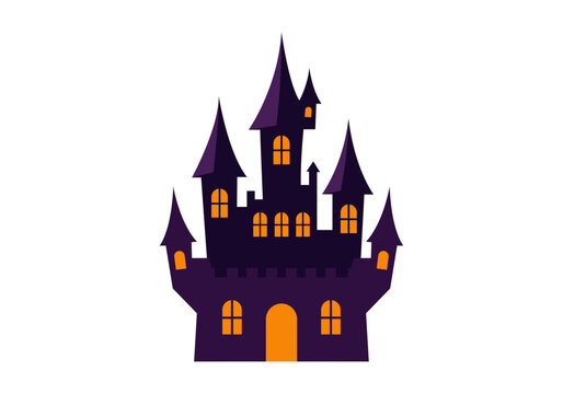 Castillo morado con torres y ventanas iluminadas de naranja
