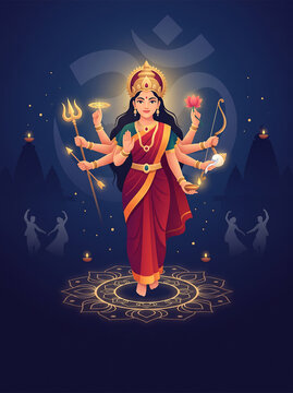 Illustration of a multi armed goddess standing on a decorative floor