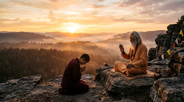 A young monk bowing before a spiritual teacher on a mountain at sunset