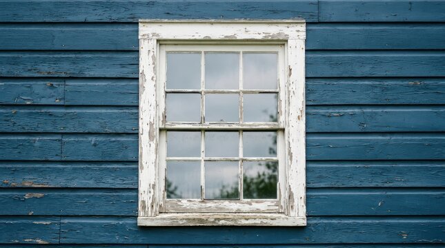 Charming rustic weathered white wooden window frame centered against vibrant textured dark blue painted horizontal wooden siding exterior wall panels