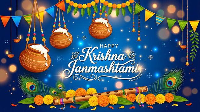 Happy krishna janmashtami celebration greeting card with flute and dahi handi