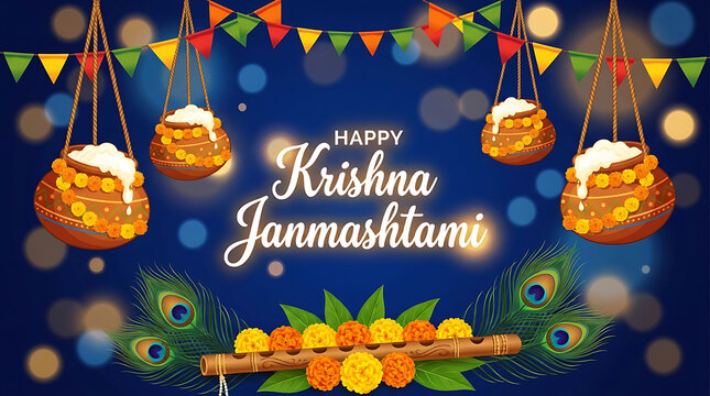 Happy krishna janmashtami greeting with dahi handi and flute