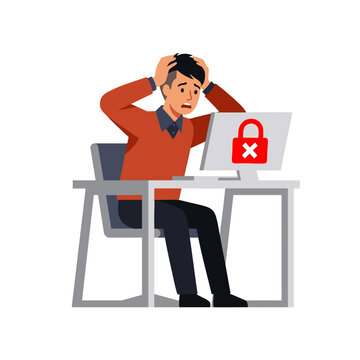 Panicked tech startup founder at a modern minimalist desk with red screen and locked padlock icon, concept for ransomware alert, ideal for cybersecurity training and IT risk management.