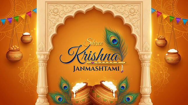 Shree krishna janmashtami celebration greeting with peacock feather and butter pots