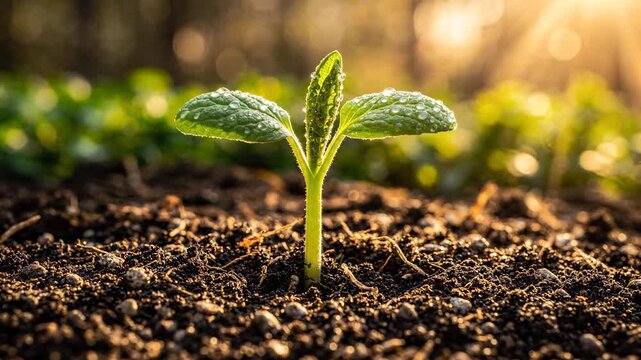 Young Green Plant Seedling Sprouting from Fertile Dark Soil in Golden Morning Sunlight
