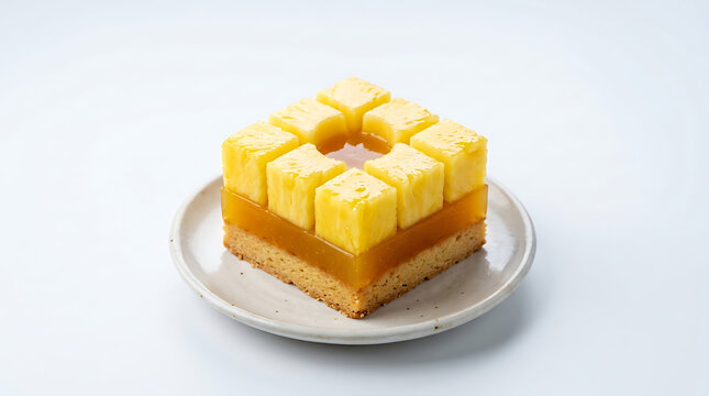 Square pineapple jelly cake with fruit cubes dessert