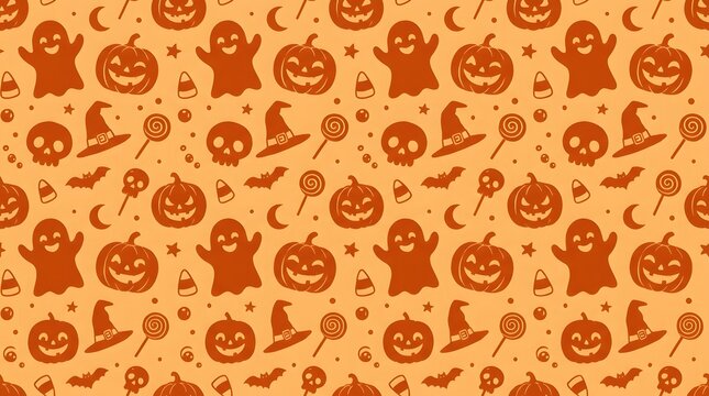 Monochromatic orange halloween pattern with ghosts and pumpkins