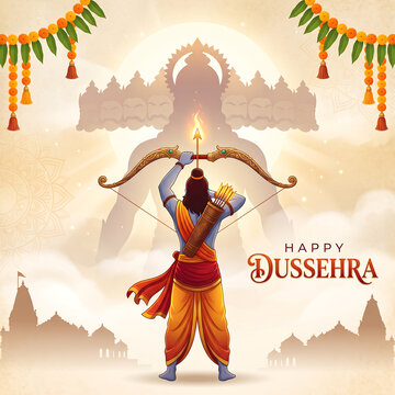 Warrior aiming a bow and arrow at a demon shadow for dussehra
