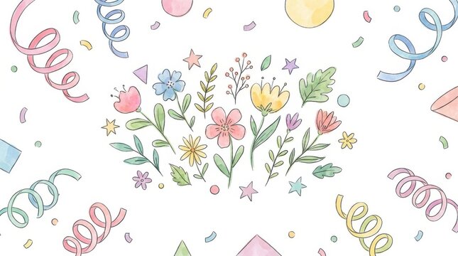 Charming watercolor floral arrangement surrounded by festive party confetti and colorful swirling ribbons for birthday celebrations and spring events
