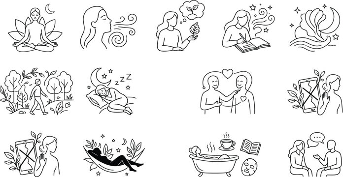 Mindfulness wellness self care meditation relaxation stress relief and healthy lifestyle linear vector icon set