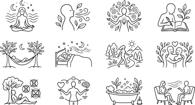 Mindfulness wellness self care meditation relaxation stress relief and healthy lifestyle linear vector icon set