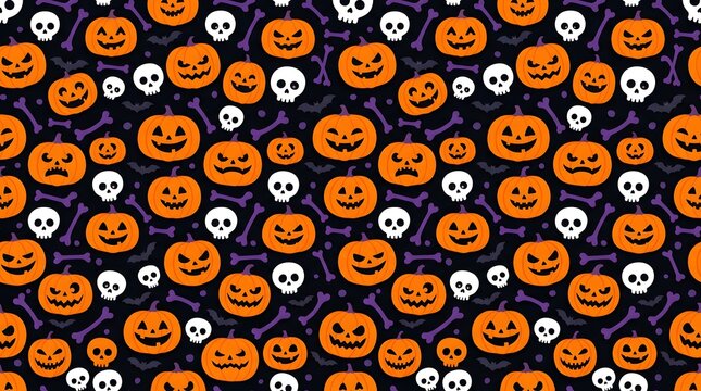 Seamless halloween pattern with pumpkins, skulls, and bones