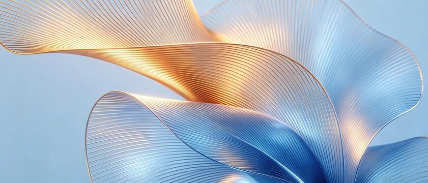 Elegant abstract modern 3d art with smooth overlapping curved wavy lines of blue and shiny gold over soft light blue clean background