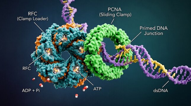 3D molecular model of RFC loading PCNA clamp onto DNA strand for replication process
