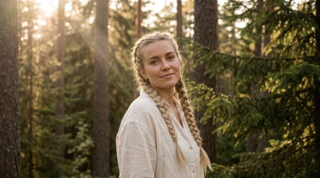 Charming young woman with blonde hair in braids standing in a tranquil pine forest during golden hour sunlight filtering through tall trees