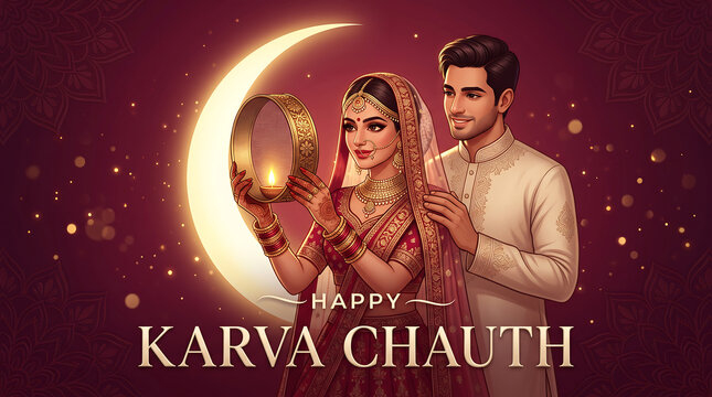 Indian couple celebrating karva chauth with a sieve