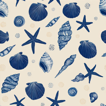 Seamless navy seashell pattern with starfish on beige background, coastal marine illustration