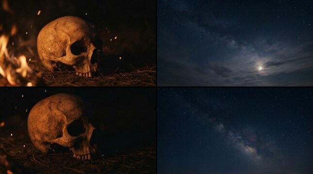 Cr&aacute;neo humano junto a fogata nocturna y cielo estrellado con V&iacute;a L&aacute;ctea, simbolismo de D&iacute;a de Muertos y herencia ancestral m&iacute;stica.