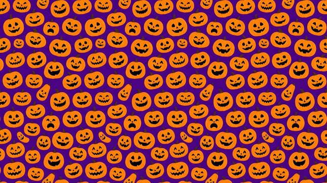 Seamless pattern of orange jackolantern pumpkins on a purple background