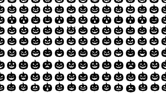 Seamless pattern of black jackolantern silhouettes on a white background isolated on white background