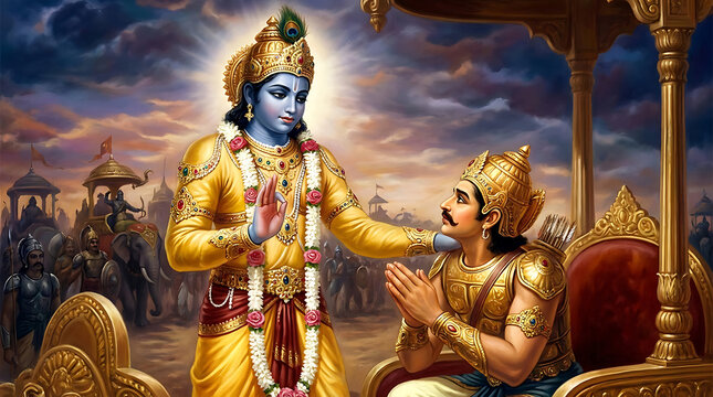 Lord krishna guiding arjuna on the battlefield of kurukshetra