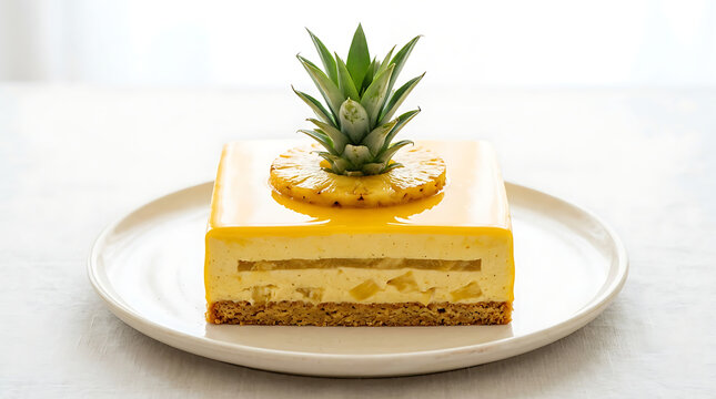 Square pineapple mousse cake with fresh pineapple topping