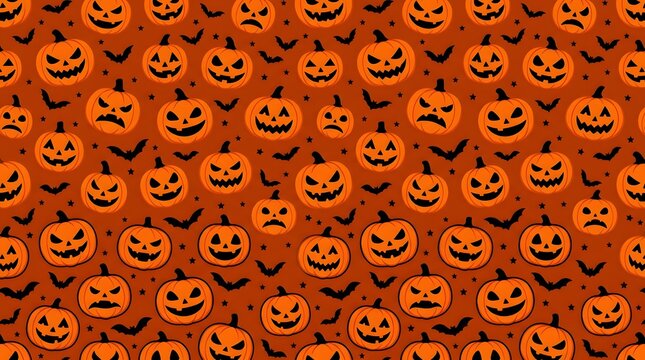 Seamless halloween pattern with carved pumpkins and bats