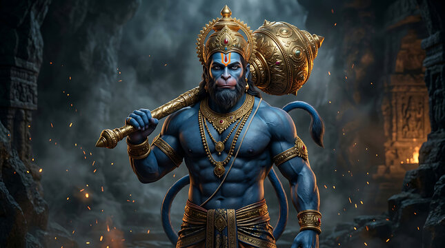 Majestic lord hanuman with golden gada in ancient cave setting