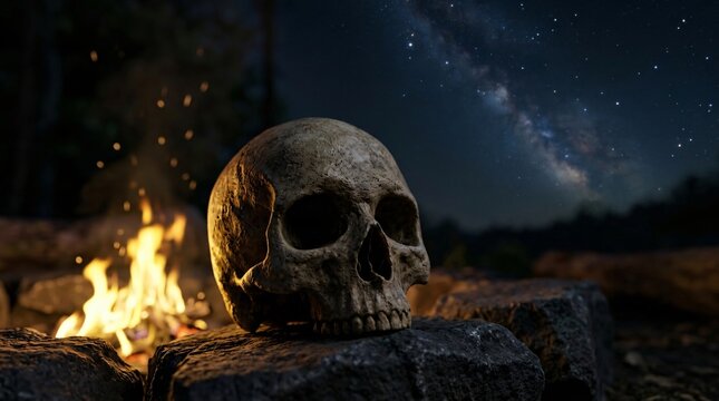 Calavera humana sobre roca junto a fogata bajo cielo estrellado y V&iacute;a L&aacute;ctea, concepto m&iacute;stico de ritual ancestral y D&iacute;a de los Muertos.