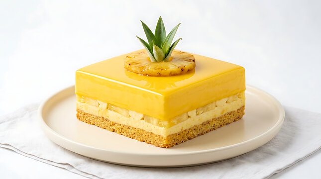 Square pineapple mousse cake with glazed yellow topping
