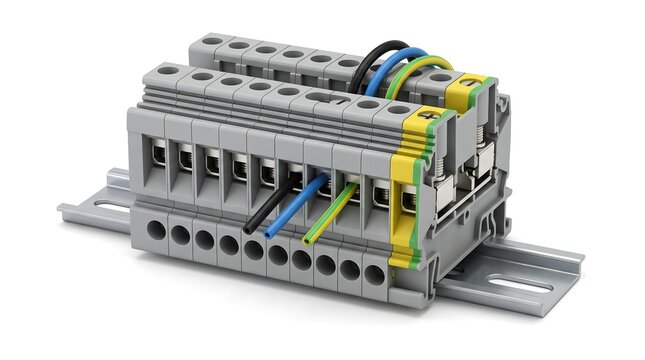 Gray DIN rail terminal blocks with colorful wires connected a modular electrical component for industrial automation and power distribution isolated on white