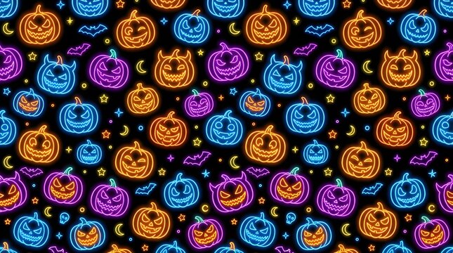 Neon halloween pattern with glowing pumpkins and bats
