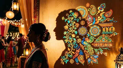 Perfil de mujer india tradicional con proyección de sombras y coloridos patrones luminosos de pavo real y mandalas durante festival Diwali.