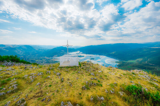 Ramsko Lake (Ramsko jezero) with its unique islands and peninsulas from the Zahum viewpoint, Bosnia and Herzegovina.
