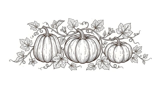 Handdrawn illustration of three pumpkins on a vine isolated on white background