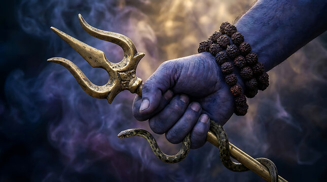 Lord shiva hand holding trishul with snake and rudraksha beads
