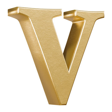 Metallic gold letter V three dimensional render