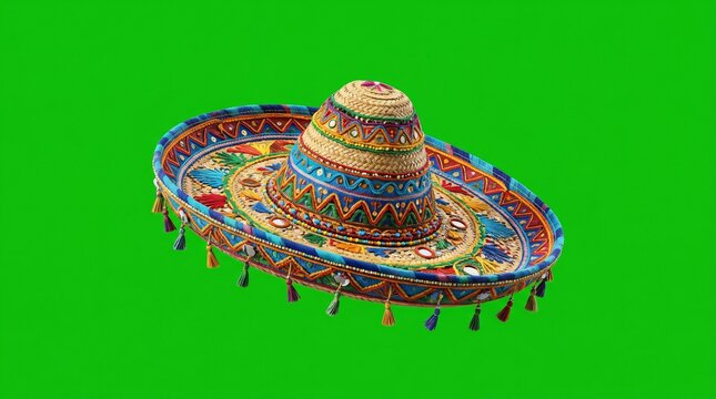 Sombrero mexicano tradicional bordado con borlas sobre fondo verde croma, icono cultural para el Mes de la Herencia Hispana y Cinco de Mayo.