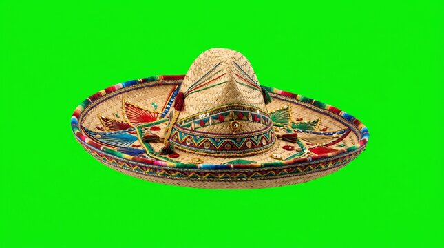 Sombrero charro mexicano tradicional con bordados coloridos sobre fondo verde croma para celebraci&oacute;n del Mes de la Herencia Hispana y fiestas patrias.