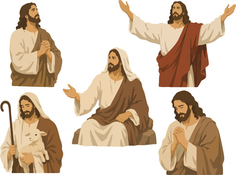 Jesus Christ Vector Character Set Collection in Various Poses, Flat Illustration Isolated on Transparent Background