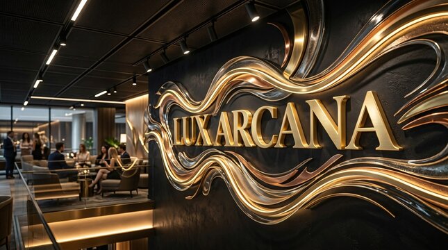 Logotipo dorado 3D y escultura fluida en sal&oacute;n corporativo de lujo con profesionales en reuni&oacute;n exclusiva.