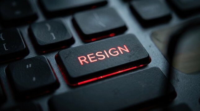 Close up macro view of a modern computer keyboard focusing on a glowing illuminated red button featuring the bold word resign symbolizing career