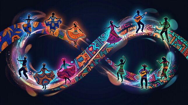 Siluetas brillantes de bailarines y m&uacute;sicos folcl&oacute;ricos en un lazo infinito con patrones tradicionales para el Mes de la Herencia Hispana.