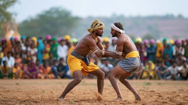 Two Indian wrestlers in a traditional mud pit during a rural competition with spectators watching