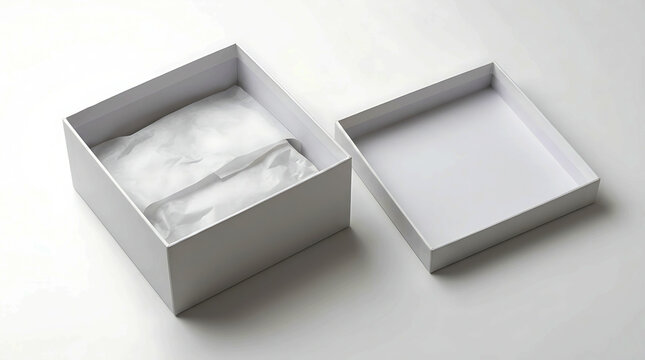 Open square gift box with lid and thin tissue paper inside the container.